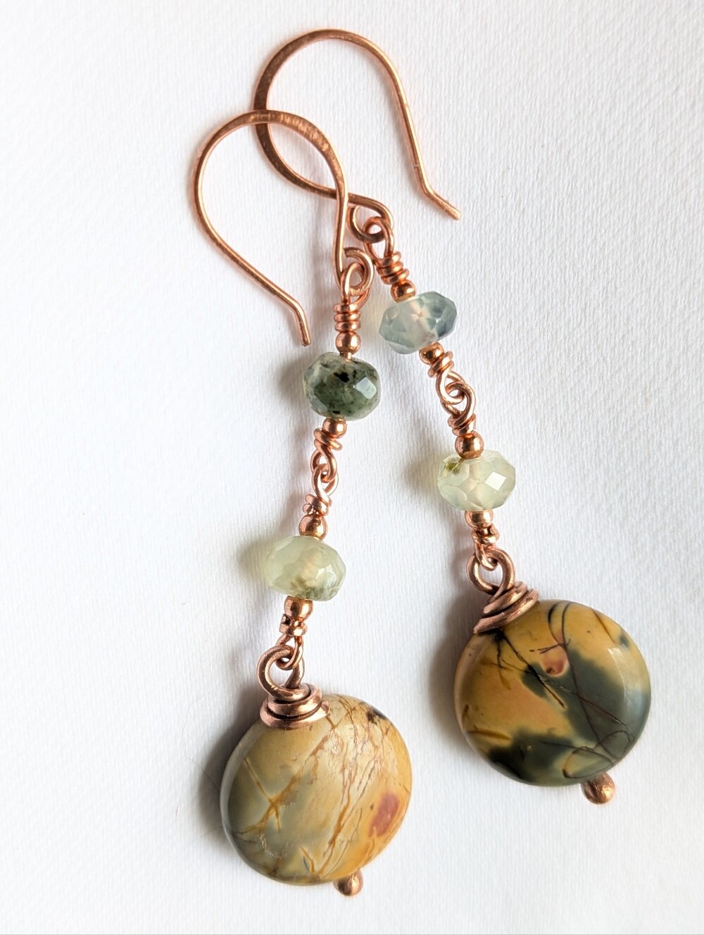 Earthy Jasper Earrings with Prehnite Gemstones in Copper